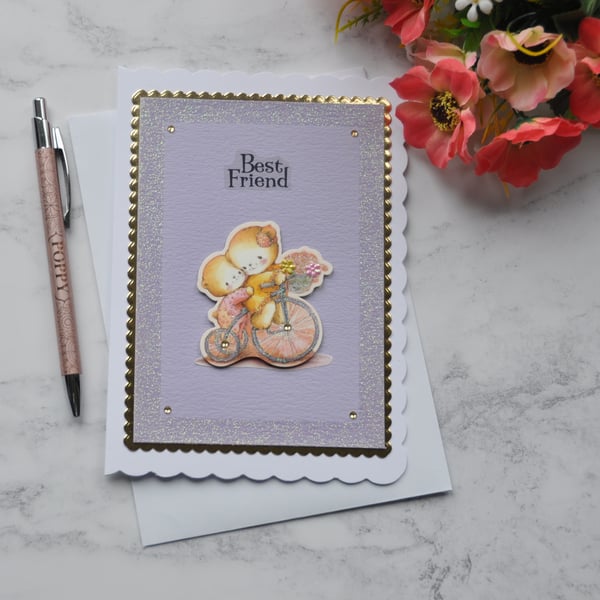 Best Friend Teddy Bears Bicycle Flowers Any Occasion 3D Luxury Handmade Card