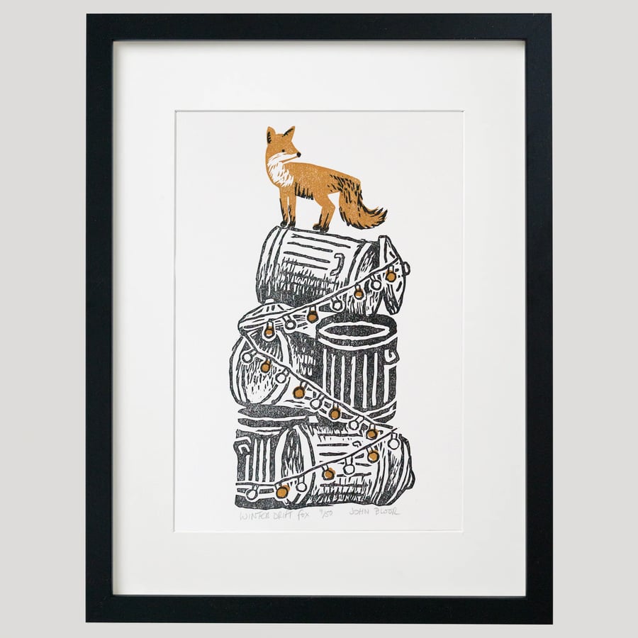 Winter Drifts "Fox" linocut print, framed