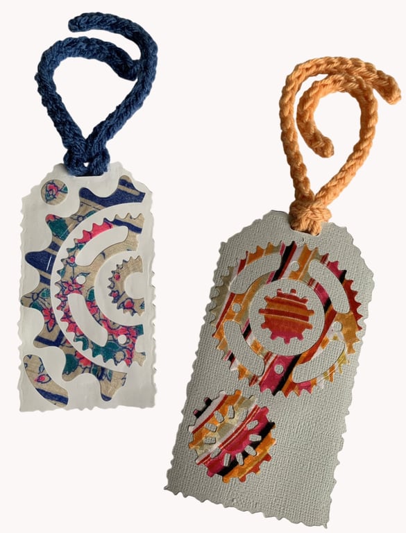 Handmade Silk Bookmark pair of cog themed unique Bookmarks hand knitted tassels
