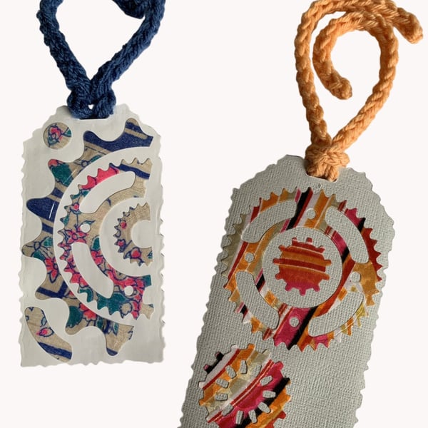 Handmade Silk Bookmark pair of cog themed unique Bookmarks hand knitted tassels