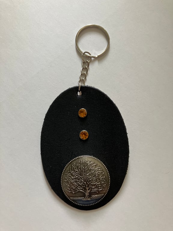Black Leather Keyring with Tree of Life Design and 2 Orange Gemstones -FREE SHIP