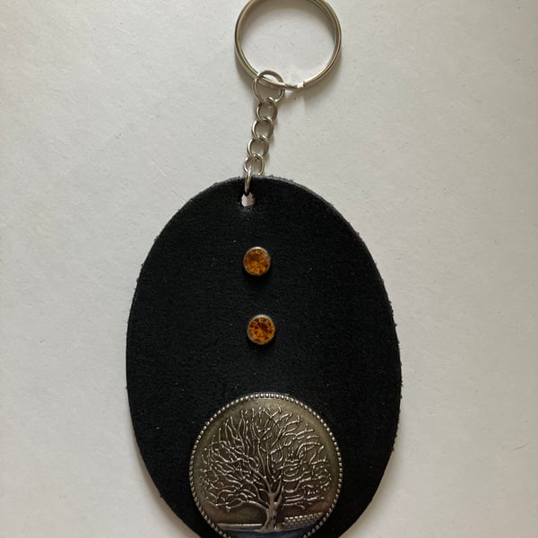 Black Leather Keyring with Tree of Life Design and 2 Orange Gemstones -FREE SHIP