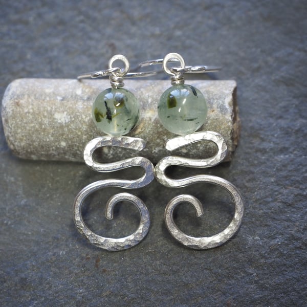 Silver zigzag spiral earrings with Prehnite beads, holiday jewellery