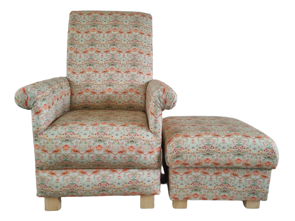 William Morris Strawberry Thief Linen Fabric Adult Chair & Footstool Armchair