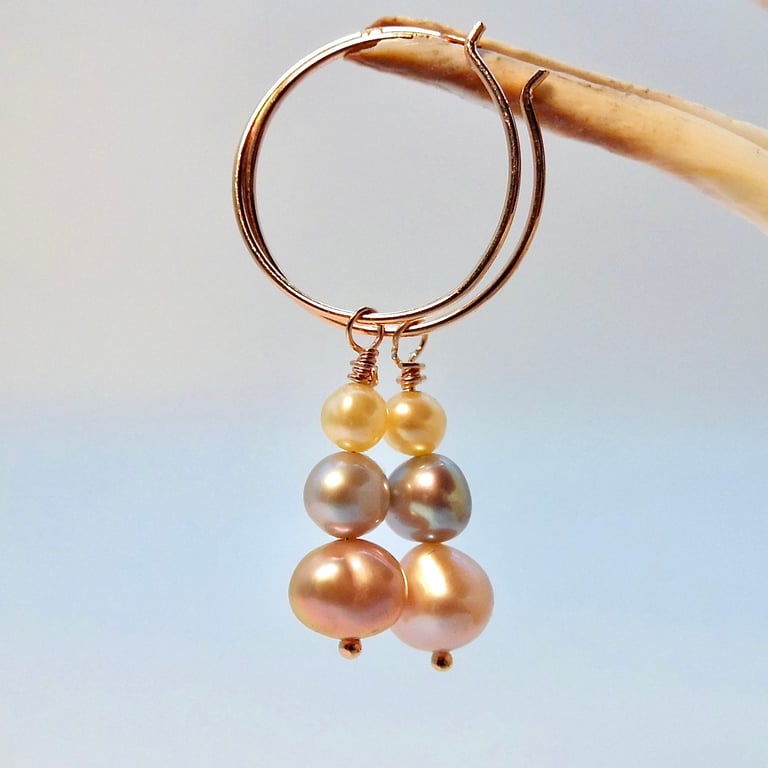 Freshwater Pearl & Rose Vermeil Hoop Earrings, June Birthday, Bridesmaid Gifts