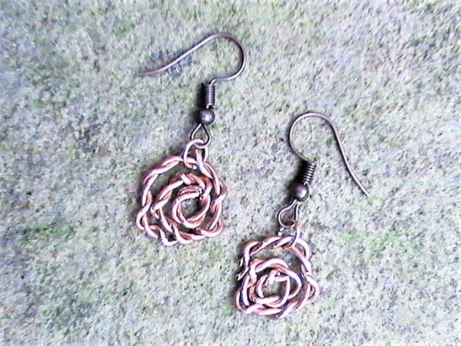 Rose Earrings, Handmade Wirework Drop Earrings, Rustic Copper Flower Jewellery,