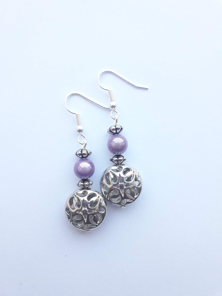 Lilac and Silver Bead Earrings