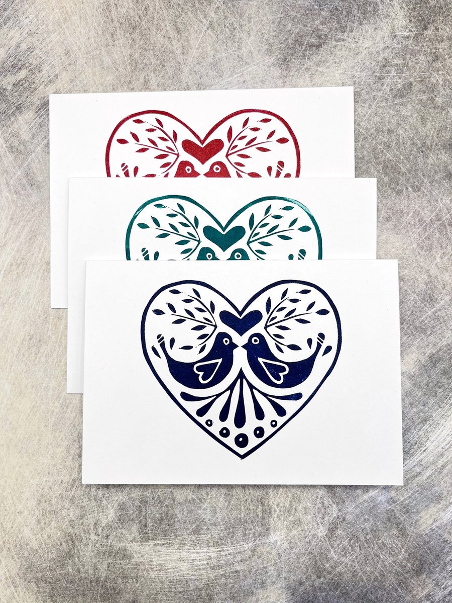 Set of Three Love Bird Cards, Original Lino Prints