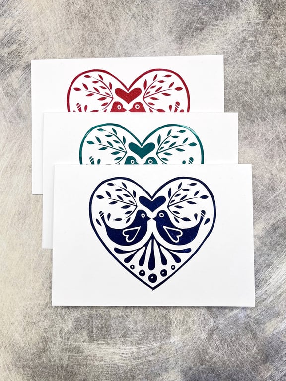 Set of Three Love Bird Cards, Original Lino Prints