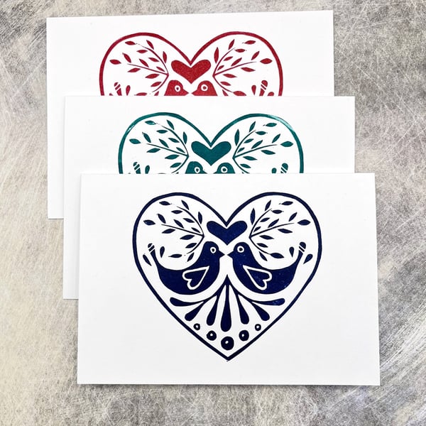 Set of Three Love Bird Cards, Original Lino Prints