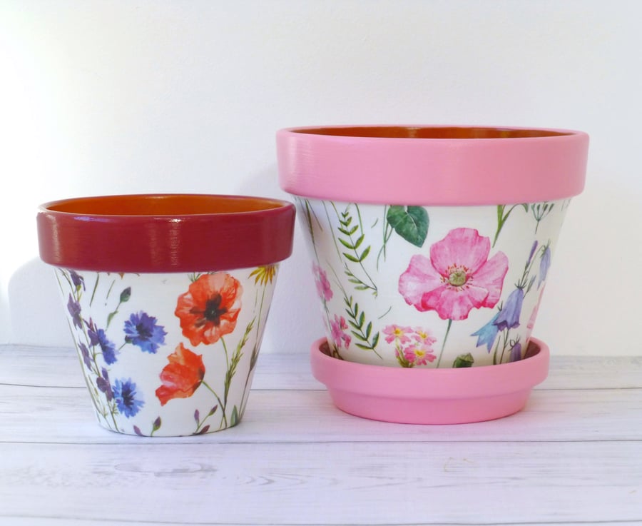 Decoupage Decorated Plant Pot Gift Set - Poppy and Meadow Flowers