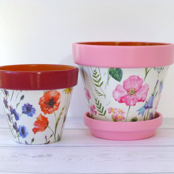 Decoupage Decorated Plant Pot Gift Set - Poppy and Meadow Flowers