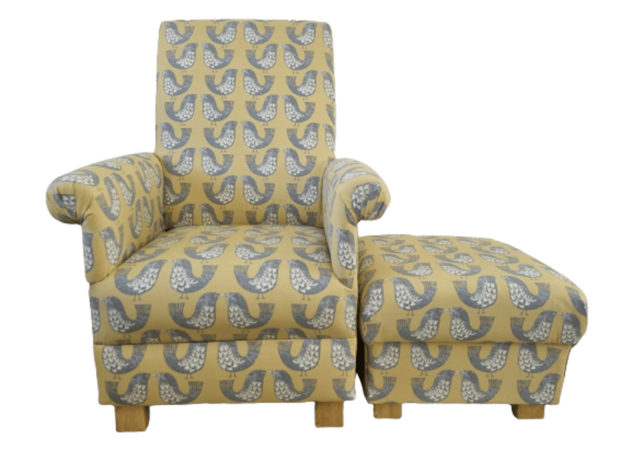Ochre Chair & Footstool Adult Armchair Pouffe iLiv Scandi Birds Mustard Accent 