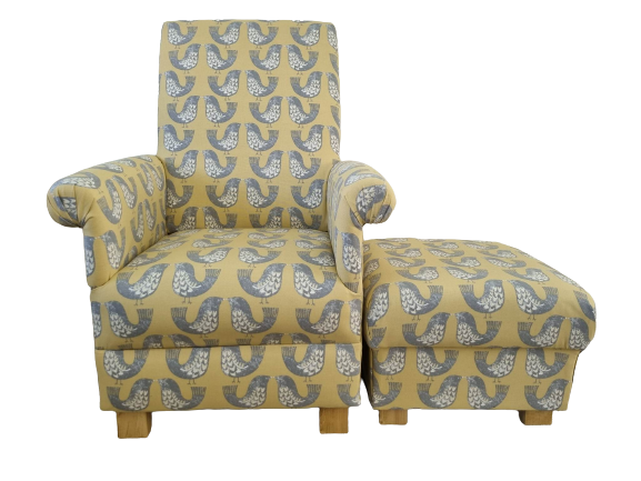 Ochre Chair & Footstool Adult Armchair Pouffe iLiv Scandi Birds Mustard Accent 