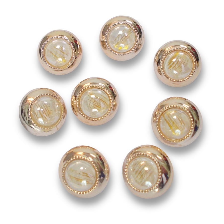 Gold faux metal and glass fancy shank buttons 16mm approximately. Pack of 8