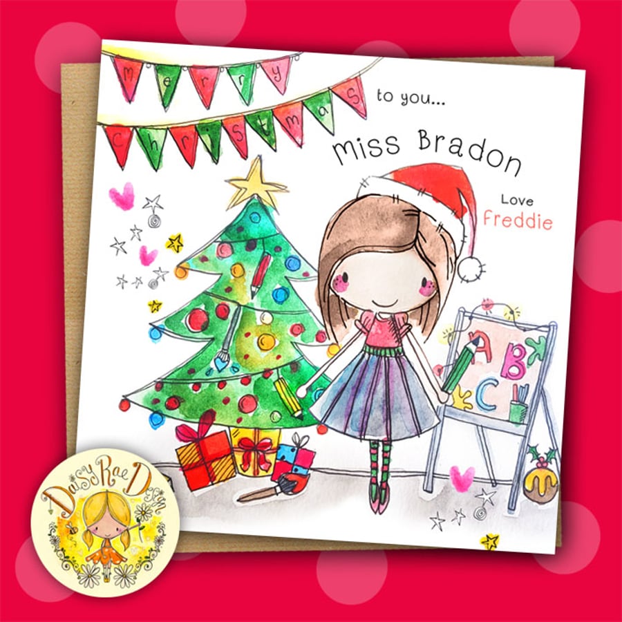 Teacher Christmas Lady Tree Thank You personalised white square 6" linen card