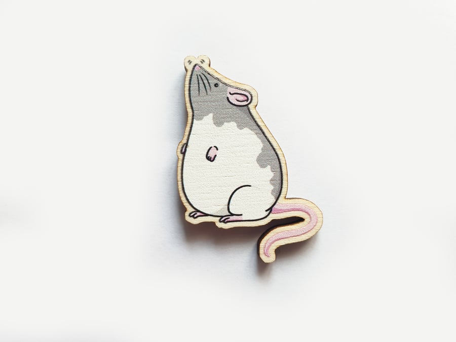 Wooden rat pin badge