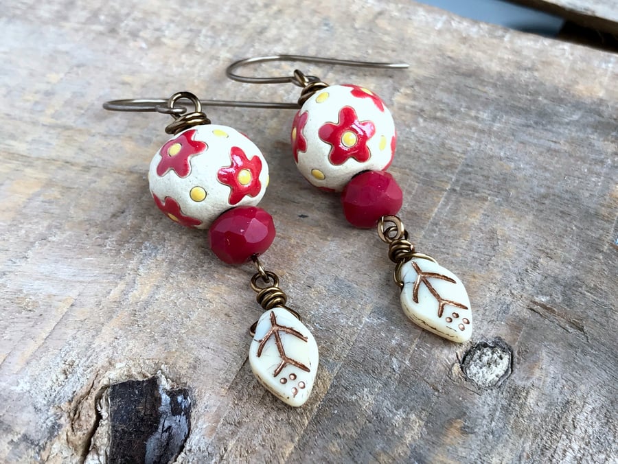 Red & Yellow Artisan Ceramic Earrings. Red Flower Earrings. Bohemian Earrings