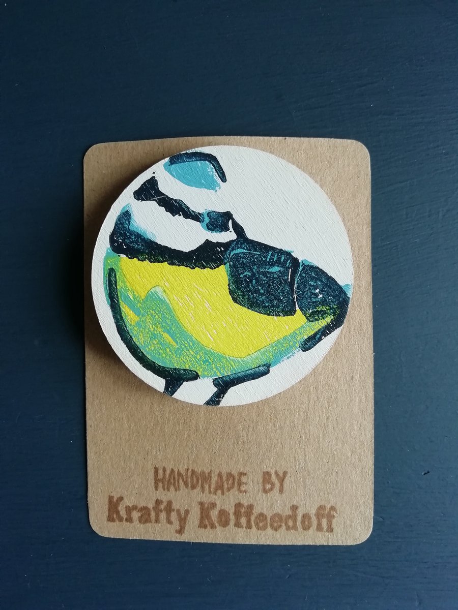 Handprinted Wooden Bluetit Brooch
