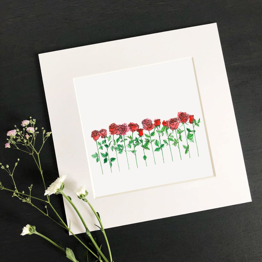 'A Dozen Red Roses' 8" x 8" Mounted Print