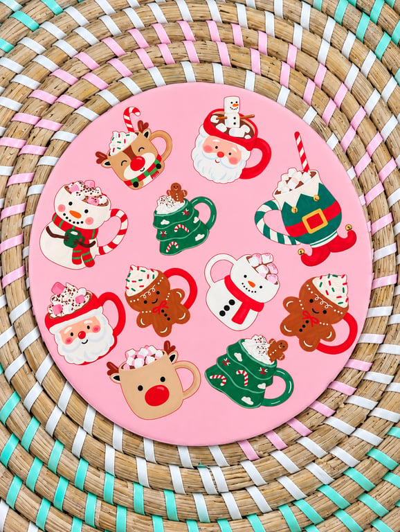 Pink Christmas Hot Chocolate Mugs Coaster – Cute Festive Wooden Drinks Coaster