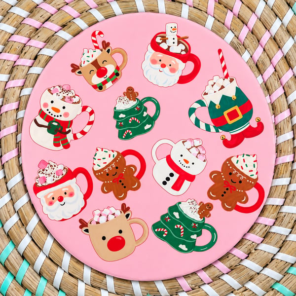 Pink Christmas Hot Chocolate Mugs Coaster – Cute Festive Wooden Drinks Coaster