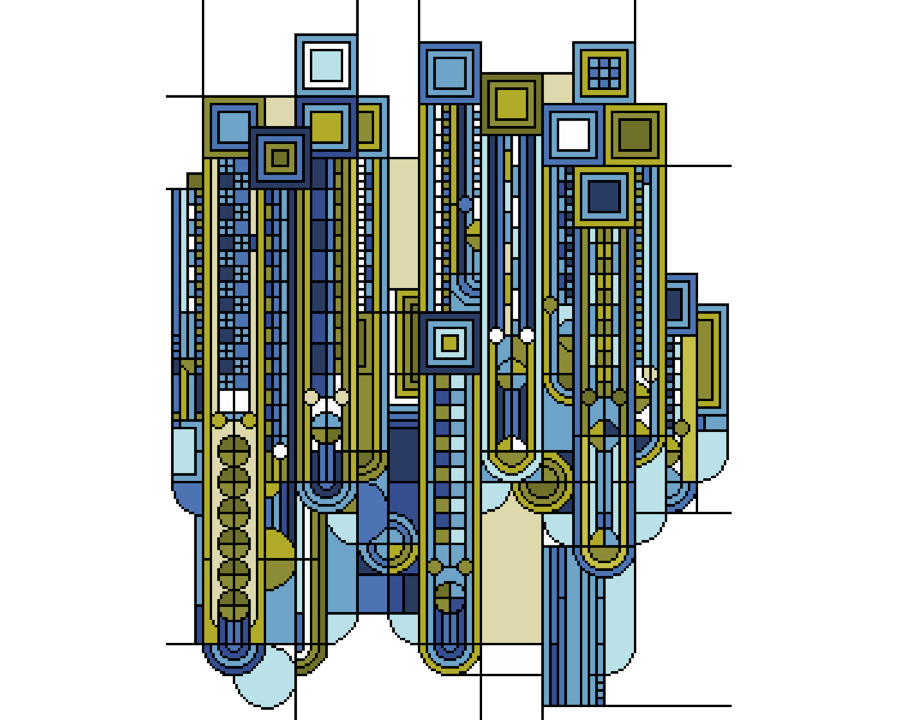 251A - Art Deco Cross Stitch Pattern: Saguaro and Flowers BLUE GREEN (PDF Chart)