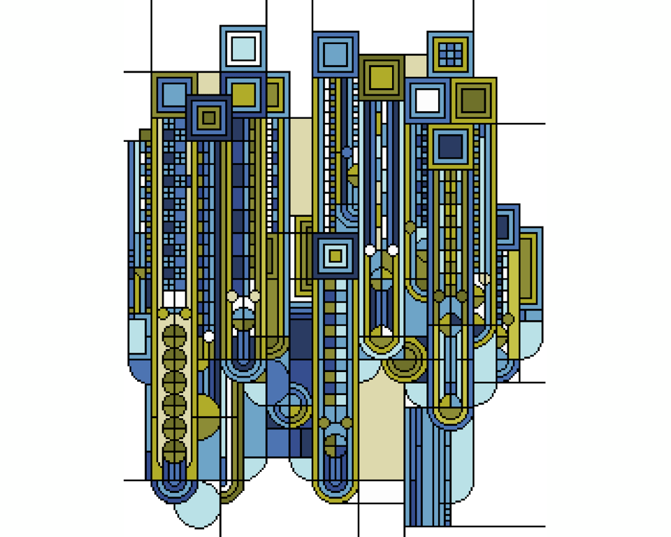 251A - Art Deco Cross Stitch Pattern: Saguaro and Flowers BLUE GREEN (PDF Chart)