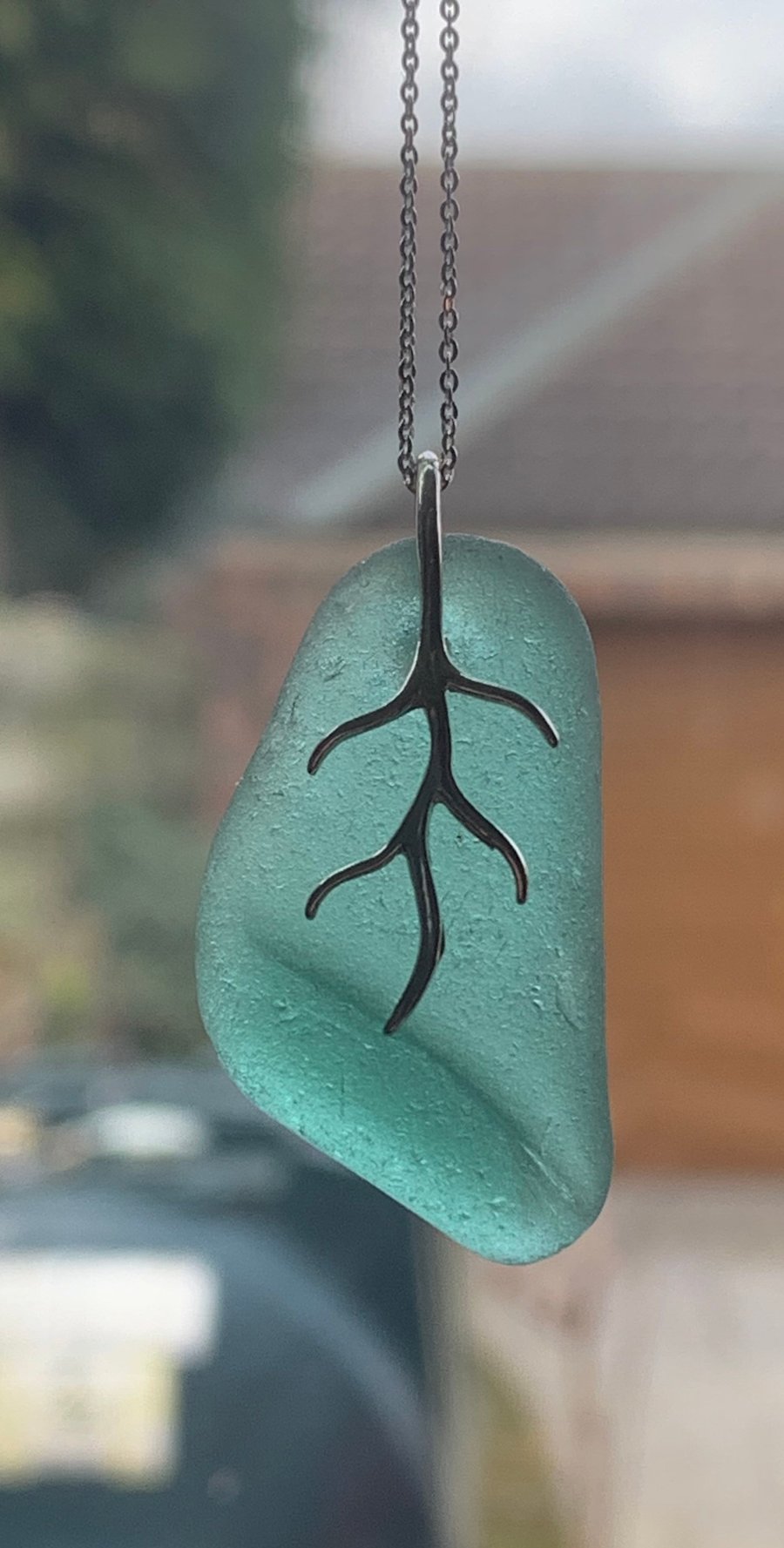 Teal seaglass and Sterling silver pendant