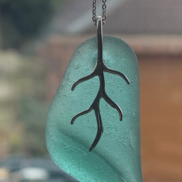 Teal seaglass and Sterling silver pendant