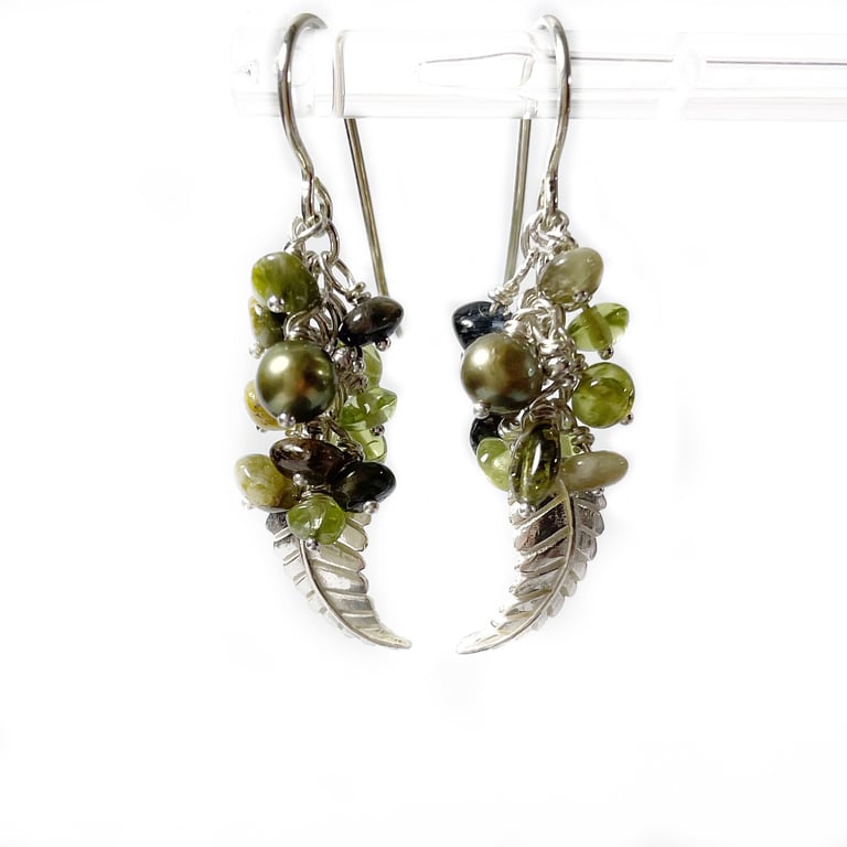 Silver fern earrings with tourmaline peridot and pearl cascade waterfall style