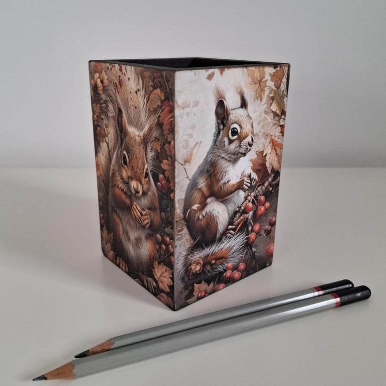 Autumn Woodland Pencil Pot, Decoupage Squirrel and Hedgehog Pen Holder