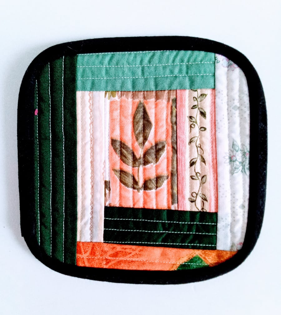 Mug Rug, Coaster, Quilt as you go coaster, Green coaster, leaf design