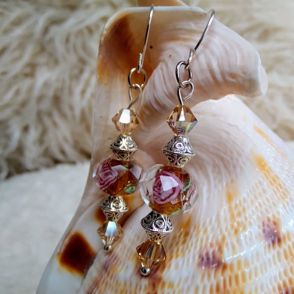 Hand-made LAMPWORK floral glass with Tibetan silver beaded EARRINGS