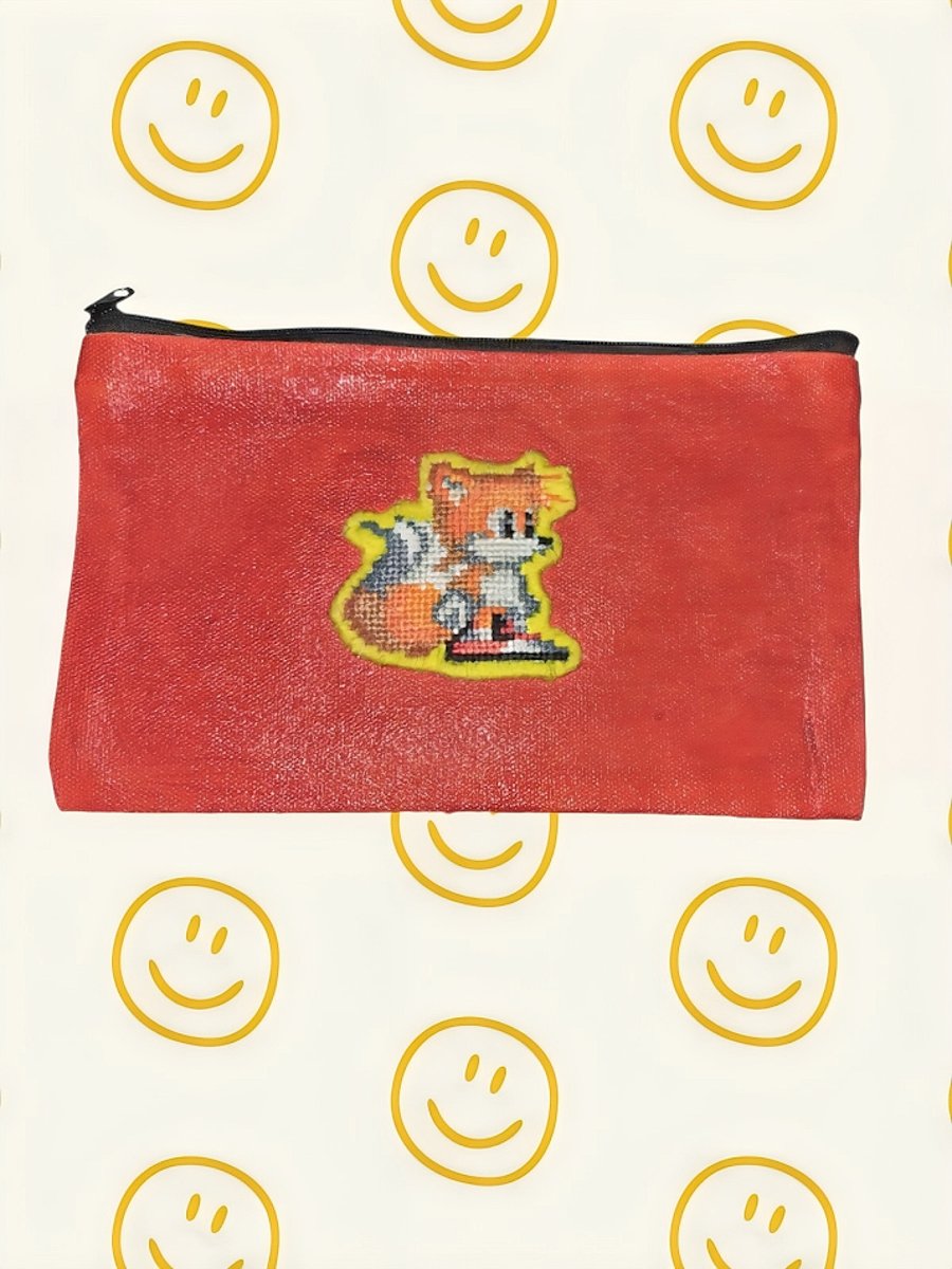 Hand Painted & Embroidered Retro Fox Inspired Zip Pouch - Nostalgic Pixel Art 