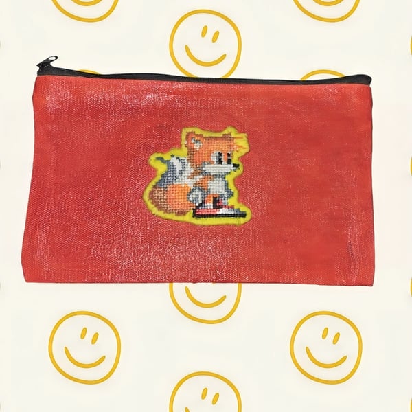 Hand Painted & Embroidered Retro Fox Inspired Zip Pouch - Nostalgic Pixel Art 
