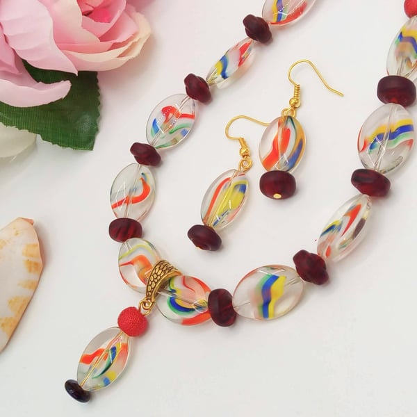 Red Glass Bead and Rainbow Striped Oval Bead Necklace and Earrings, Gift for Her