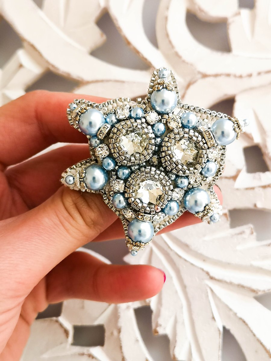 Swarovski crystal embellished beaded blue pearl crystal clear and silver brooch