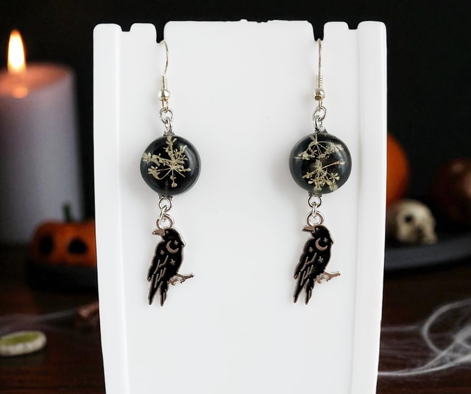 Black raven gothic dangle earrings Halloween resin jewelry Quirky Earrings