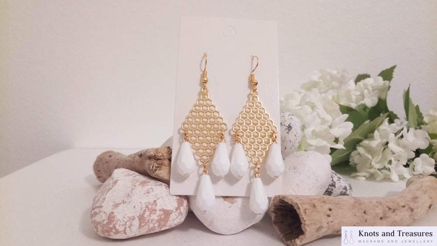 Statement Gold Dangle Earrings with White Faceted Drop Beads