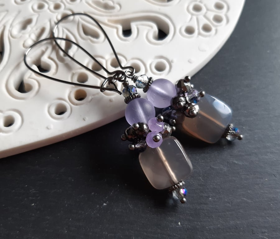 Grey agate opulent crystal cluster earrings