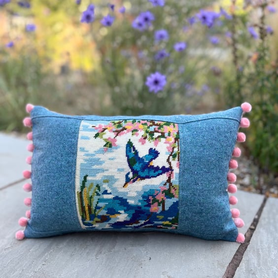 Kingfisher tapestry cushion cover with vintage wool and pompoms