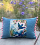 Kingfisher tapestry cushion cover with vintage wool and pompoms