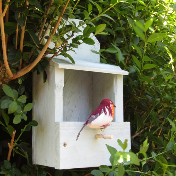 Wooden Robin Nest Box Shelf Light Green Colour Rustic Wild Bird Nesting House