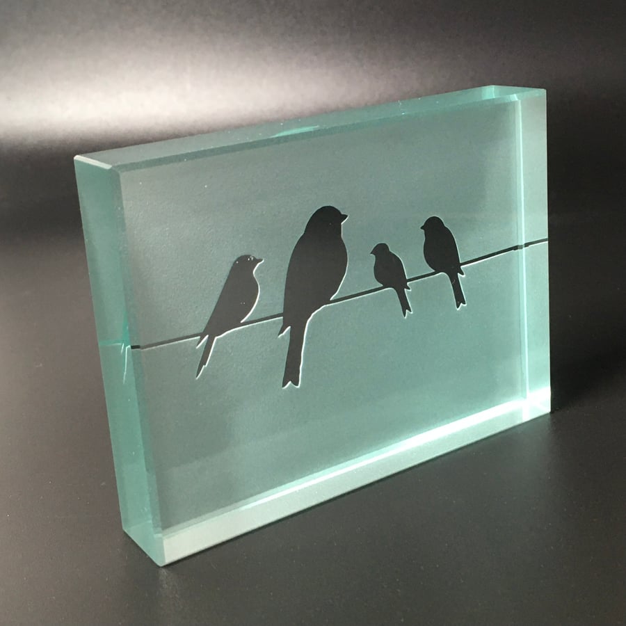 Birds on a Wire Glass Block