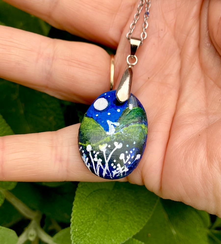 Moon Gazing Hare Jewellery pendant necklace hand painted white hare