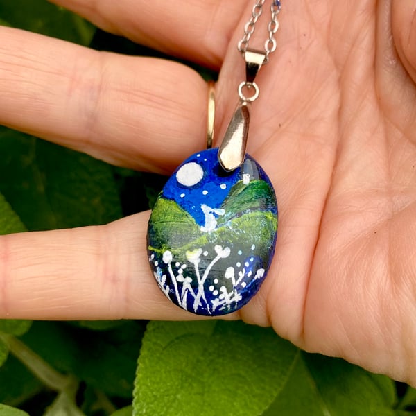 Moon Gazing Hare Jewellery pendant necklace hand painted white hare