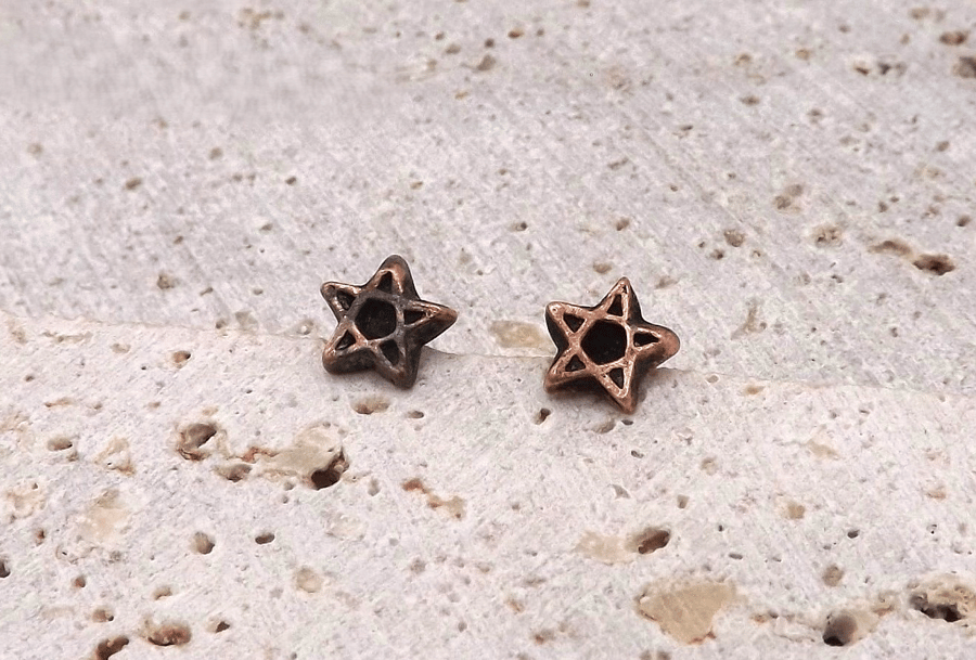 Small Recycled Copper Pentagram Stud Earrings.