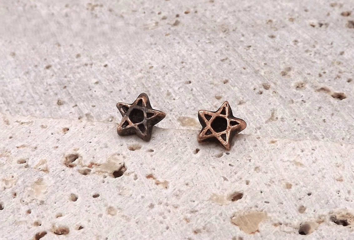 Small Recycled Copper Pentagram Stud Earrings.
