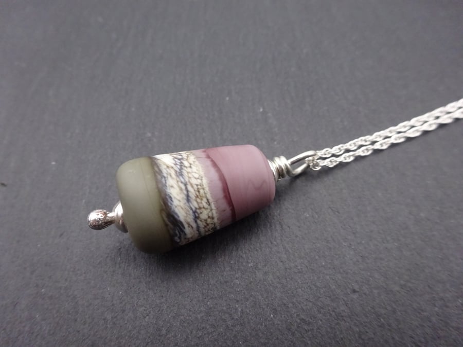 lampwork glass purple and grey beach pendant, sterling silver chain